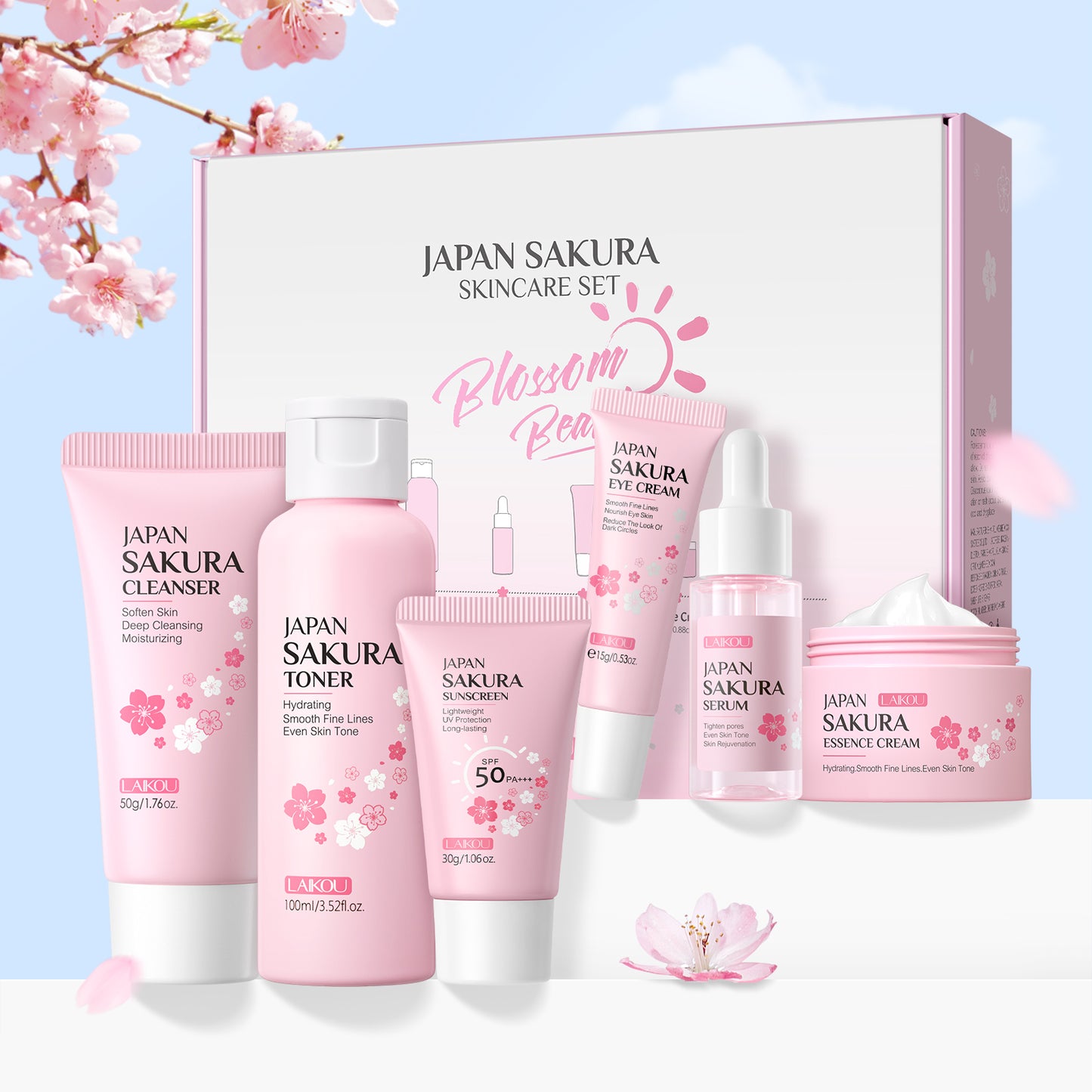 Coffret Soin Visage Hydratant & Éclaircissant (6 Pièces) - LAIKOU Sakura