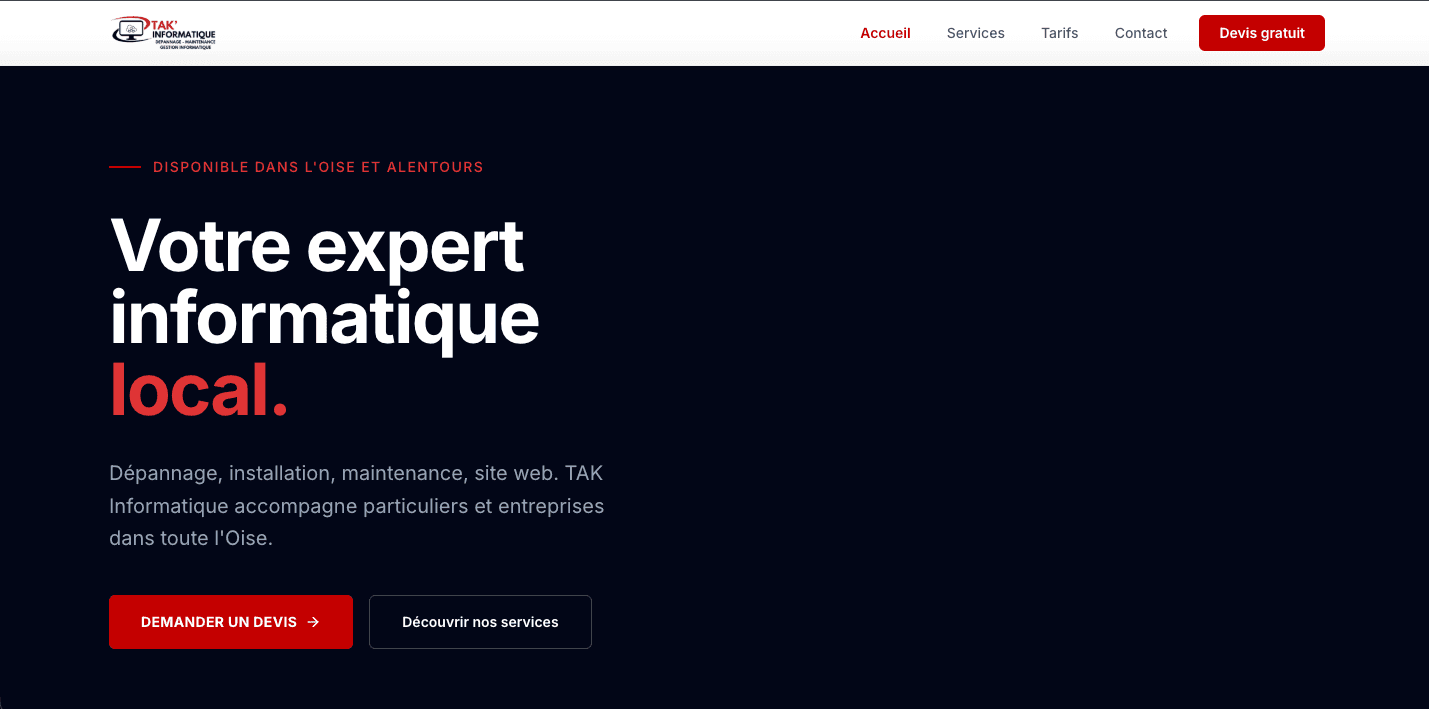 Site vitrine de TAK Informatique, expert informatique dans l'Oise (Beauvais), développé avec Node.js et Tailwind CSS par Bellova CORP. Intègre Bellova Connect en marque blanche pour la gestion client.